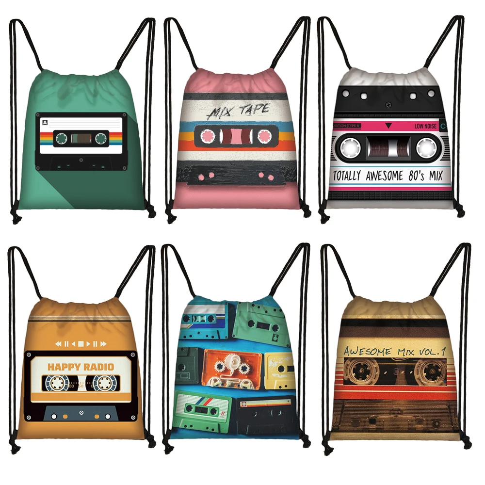 

Audio Mixtape Magnetic MusicTape Drawstring Bags 80s 90s Women Vintage Cassette Backpacks Shoulder Bag for Travel Shoes Holder