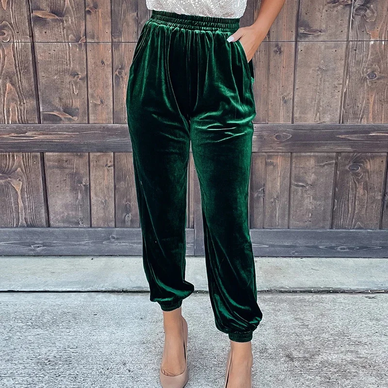 Fashionable Elegant Red Velvet Pants For Women Autumn Winter Elastic High Waist Casual Shorts Women Fashion Solid Loose Trousers