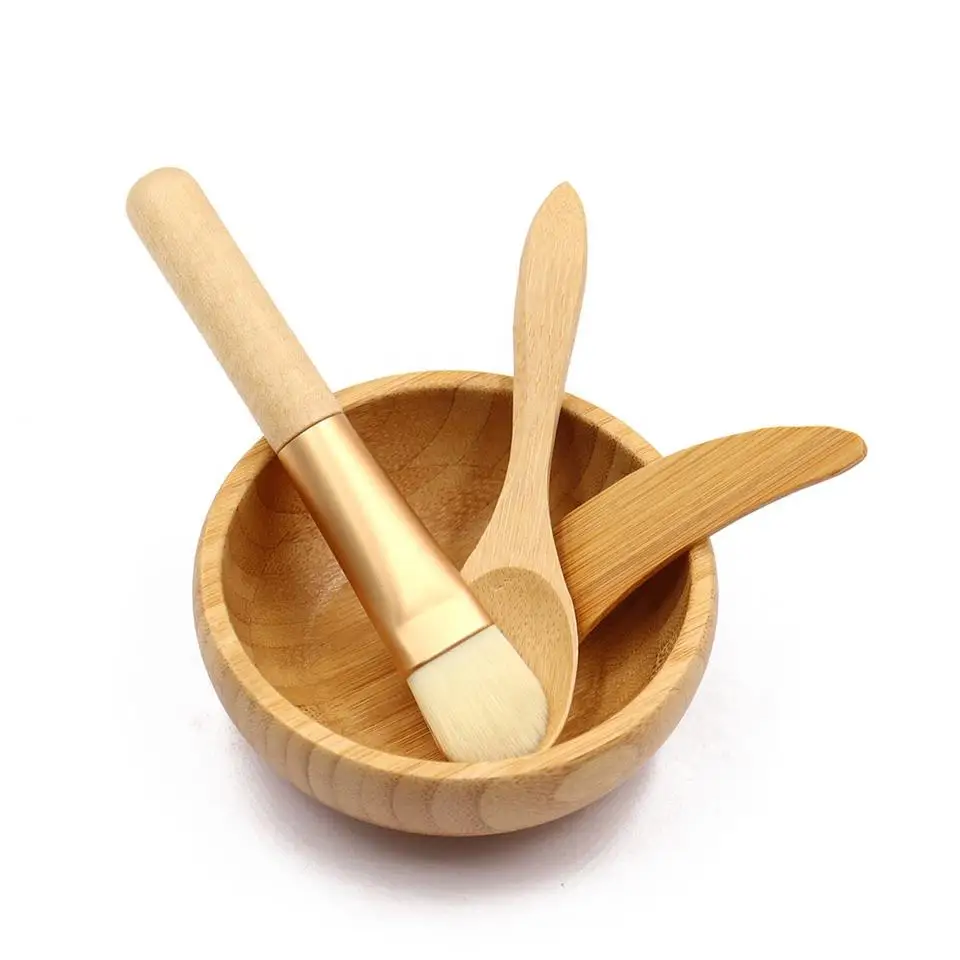 1Pcs Natural Bamboo Make Up Bowls Set with Spoon and Spatual and Brush Wooden Bamboo Lipgloss Mask Clay Face Care Tool for Women