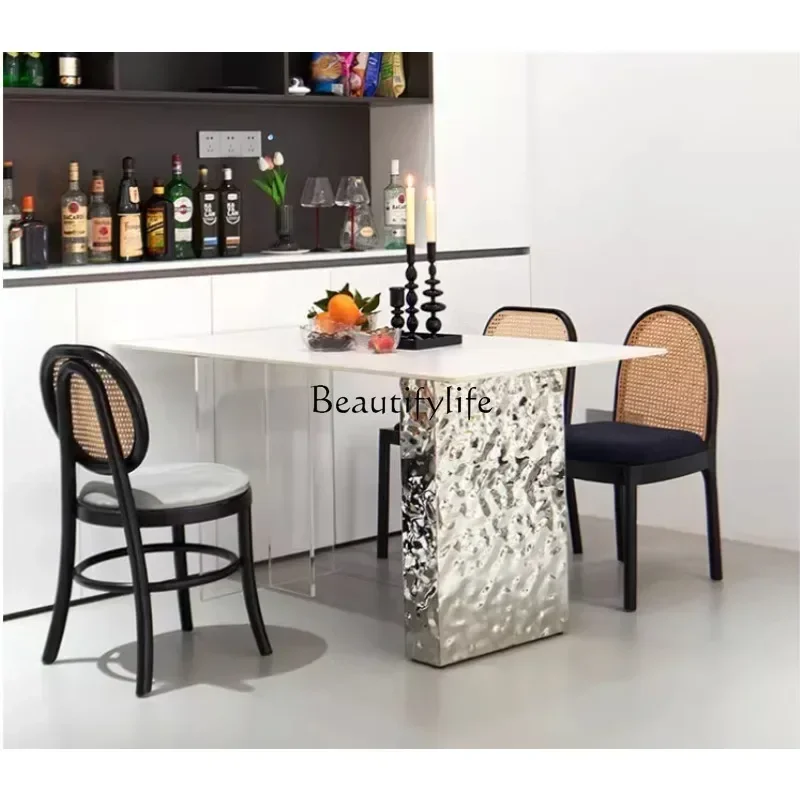 

Water Ripple Acrylic Suspension Stone Plate Dining Table Small Apartment Modern Simple White Rectangular Dining Table