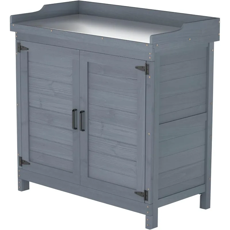 

Outdoor Garden Patio Wooden Storage Cabinet Furniture Waterproof Tool Shed with Potting Benches Outdoor Work Station Table