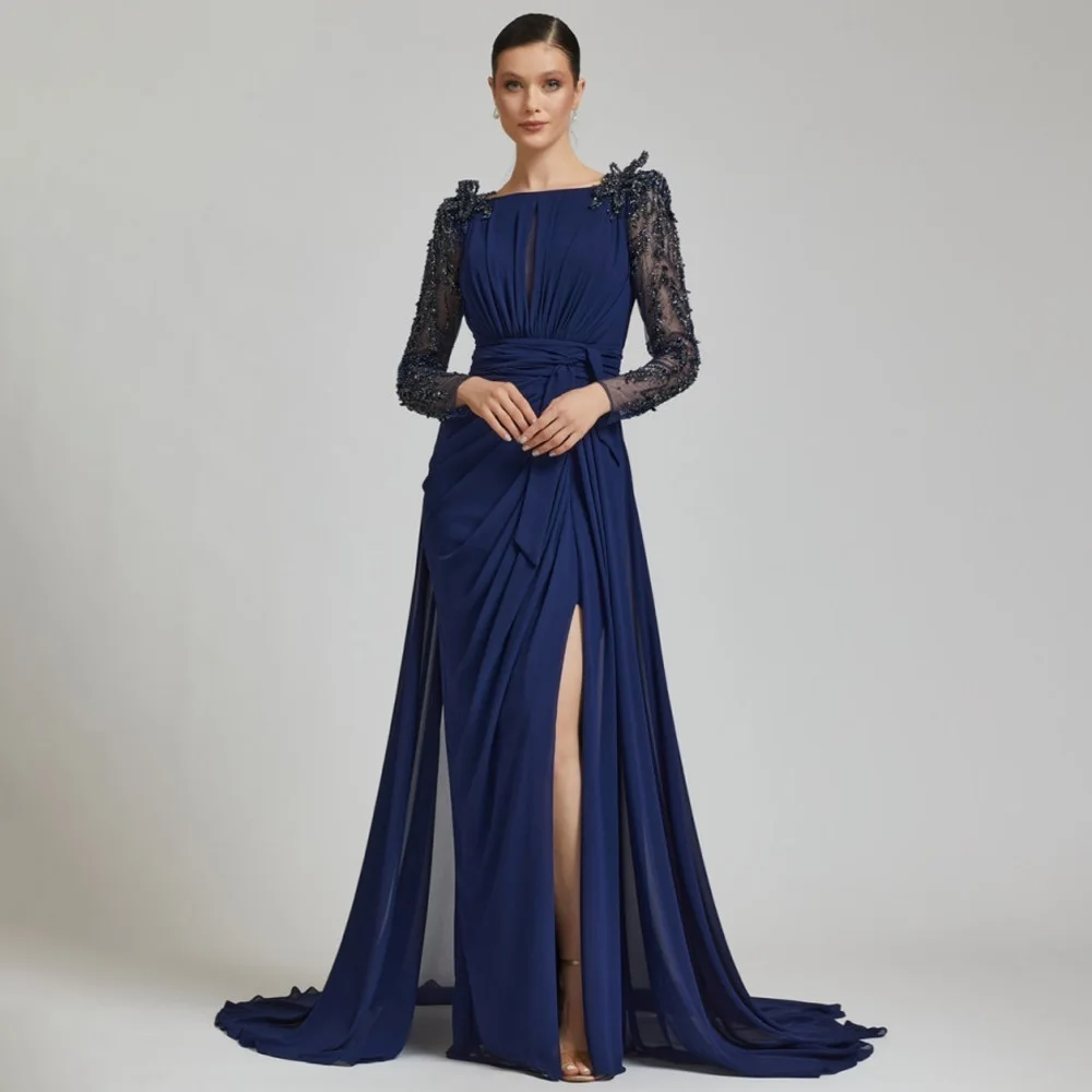 Evening Dress for Wedding Luxury Beading Mermaid Women's Formal Gowns Long Sleeves Bateau Navy Blue Wedding Guest Dresses 2023