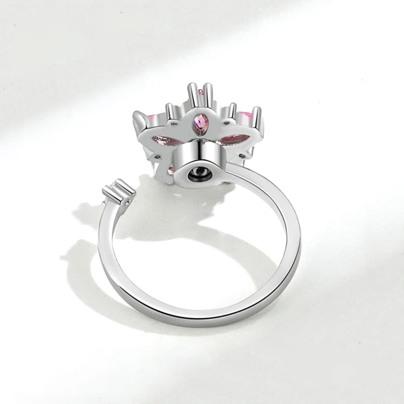 Nieuwe Elegante Prachtige Draaibare Roze Sakura Glanzende Zirkoon Verstelbare Ringen Vrouwen 925 Sterling Zilveren Mode Sieraden Geluksbloem