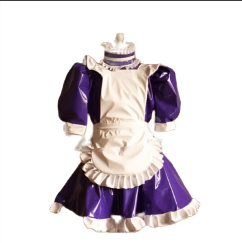 

Selling Maid Sissy Purple White Lockable High Neck Pleated Lace Independent White Apron Sexy Puffy Bubble Sleeve Customized