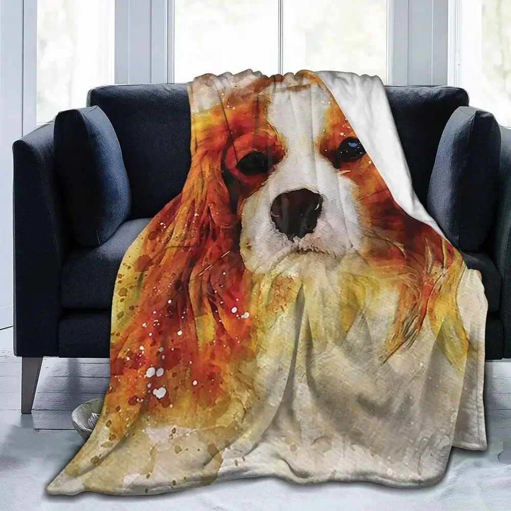 Cavalier King Charles Spaniel Dog Watercolour Digital Portrait Blankets Soft Flannel Throw Blanket Bedspread for Bed Living room