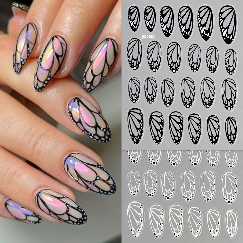 1Pcs Black White Butterfly Wings 5D Nail Sticker Y2K Angel Wings Self-Adhesive Decals Spring Butterfly Floral Manicure Sliders