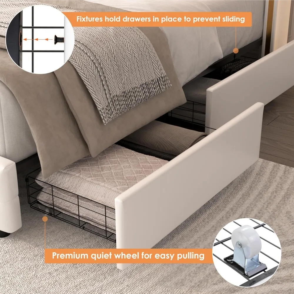 Queen Smart LED Platform Bed Frame w 4 Storage Drawers, Crystal Button-Tufted & Stainless Gold Trim Wingback Headboard