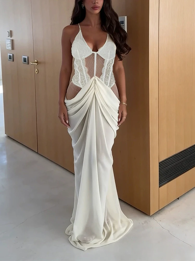 Sexy renda bordado emenda vestido de noite elegante profundo decote em v oco para fora vestido longo moda feminina drapeado perspectiva vestidos