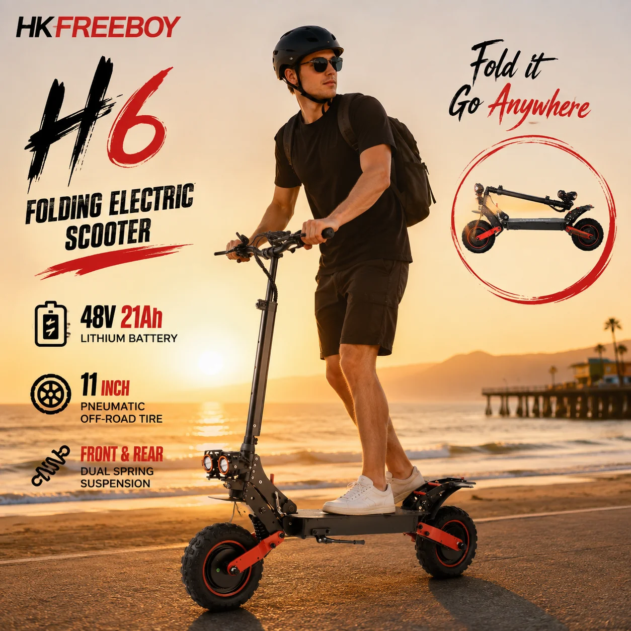 HKFREEBOY H6 Składana Hulajnoga Elektryczna dla Dorosłych z Podwójnym Napędem, Bateria 48V 21AH, 11-calowe Opony Terenowe z Podwójnymi Hamulcami Tarczowymi, Podwójna Amortyzacja Sprężynowa, Maksymalne
