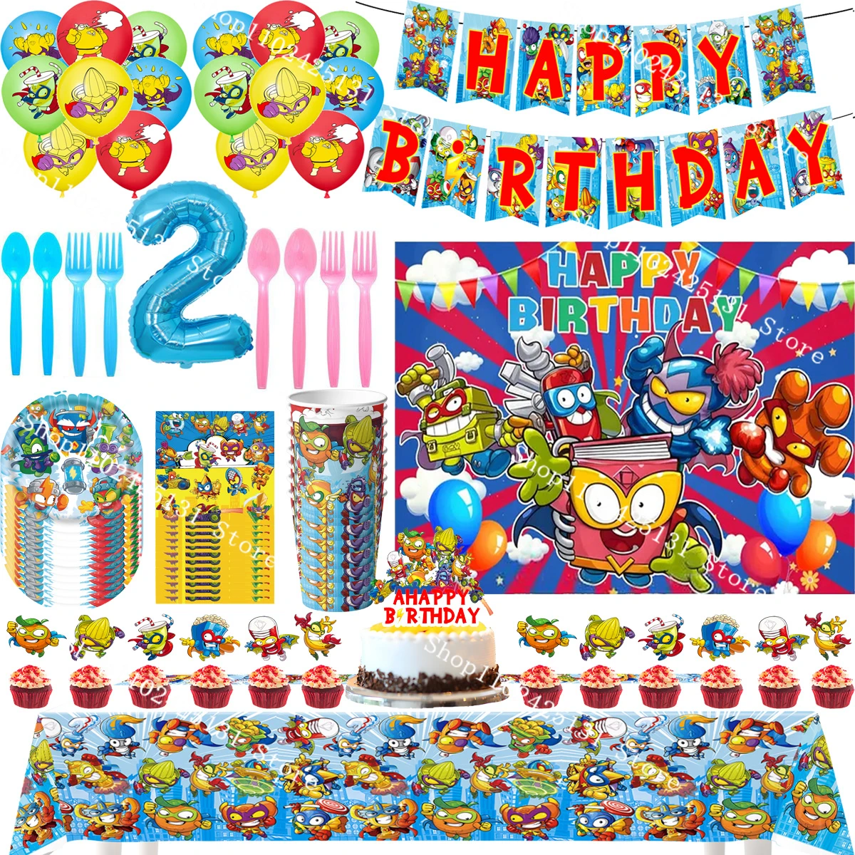 Superthings-decoración para fiesta de cumpleaños, pancarta, globo, telón de fondo, vajilla, adornos para pasteles, suministros para fiestas, juguetes de juego para bebés