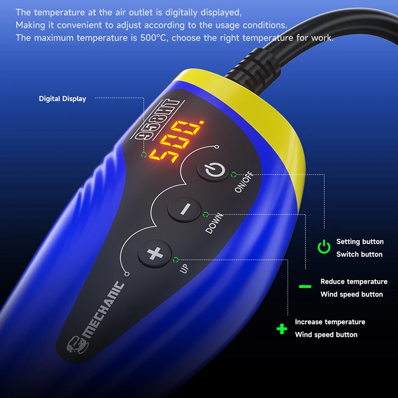 Mechanic Portable hot air soldering station 600W Adjustable temperature 100-500℃ Digital display Hot air gun for soldering tools