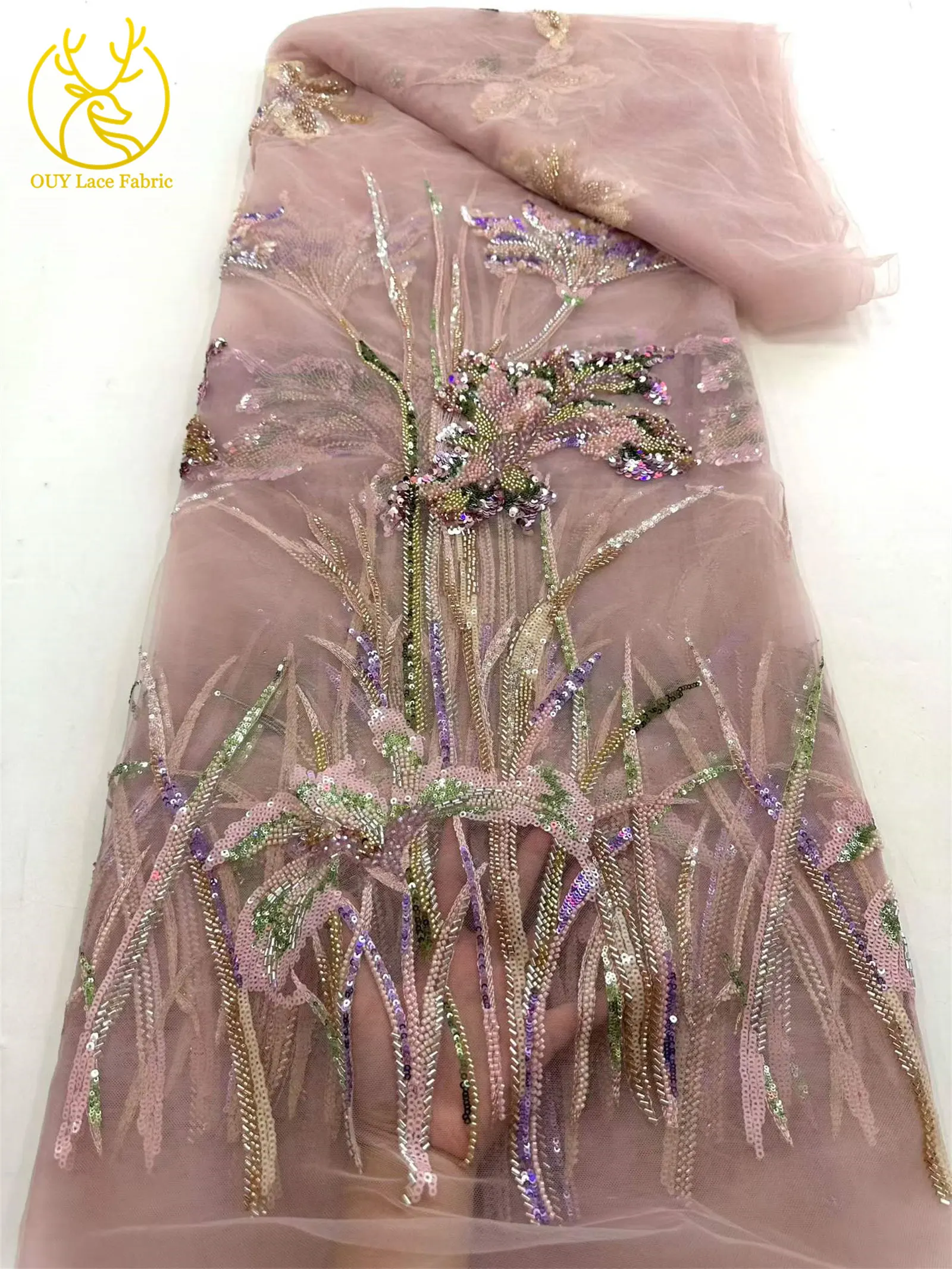Modischer Afrikanischer Perlen-Pailletten-Spitzenstoff 2026 Hochwertiger Französischer Tüll Nigerianisches Damen-Abendkleid Nähzubehör 5 Yards – Detail 14
