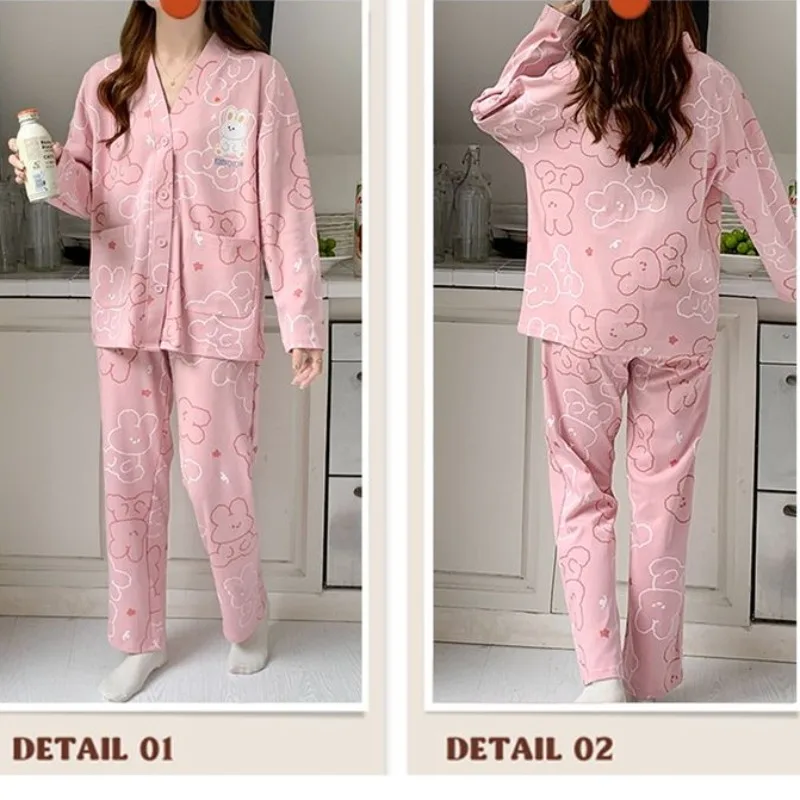 Conjunto de pijama feminino de manga comprida, puro algodão, elegante roupa de dormir larga para estudantes, terno de serviço doméstico, novo para primavera e outono