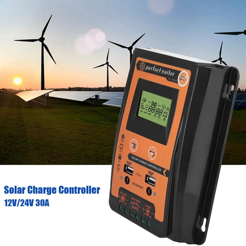 30A MPPT PWM Solar Charge Controller 12V 24V Solar Panel Battery Regulator Dual USB Port LCD Display