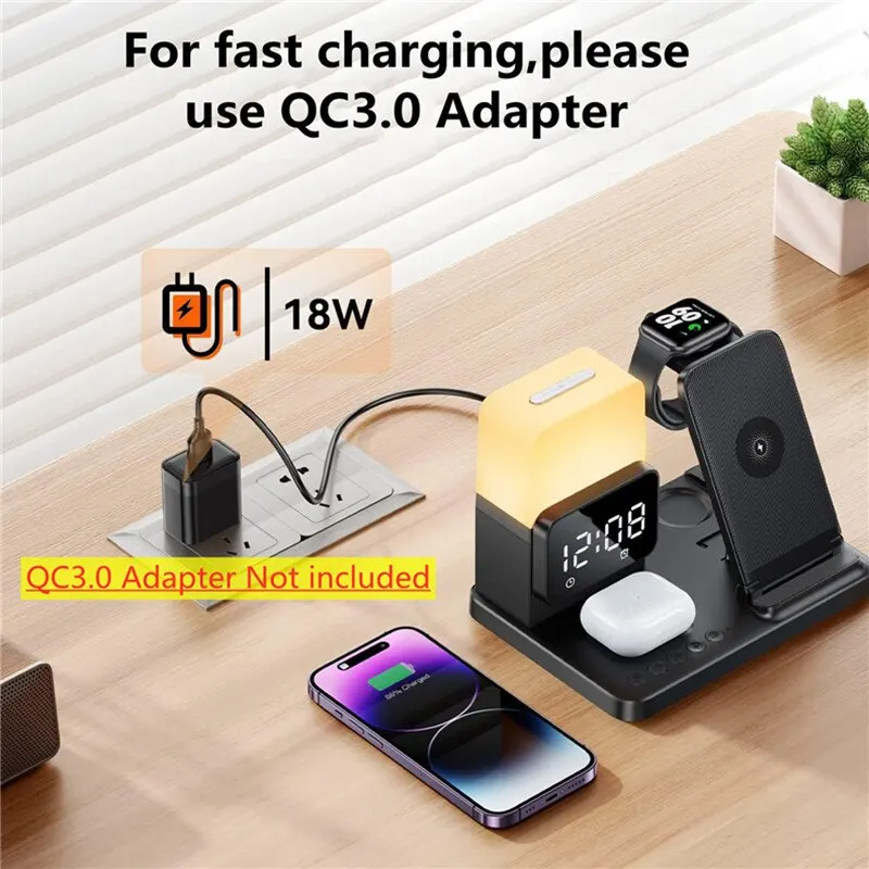 6 In 1 Wireless Charger Stand Pad Alarm Clock Lamp Foldable Fast Charging Dock Station for iPhone 14 13 12 11 IWatch 8 7 AirPods