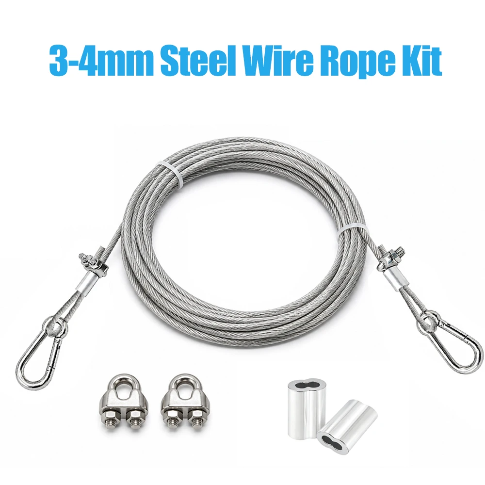 3mm 4mm Stainless Steel Wire Rope Kit with U-shape Cable Clamp and Spring Buckle Suitable for Clothesline and Dog Walking Rope