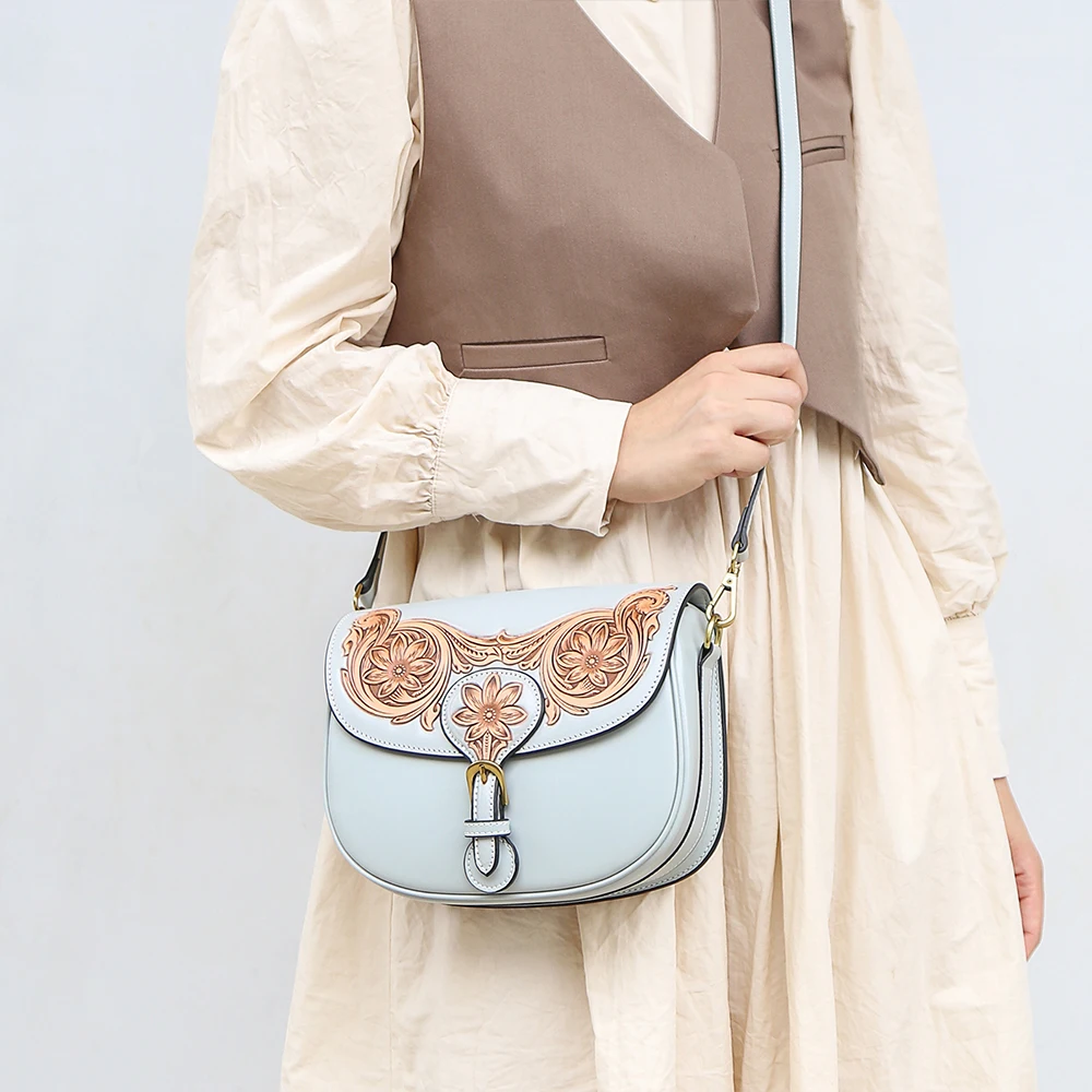 

Genuine leather women's crossbody bag vegetable tanned leather handmade carving single shoulder bag ethnic style bag saddle bag