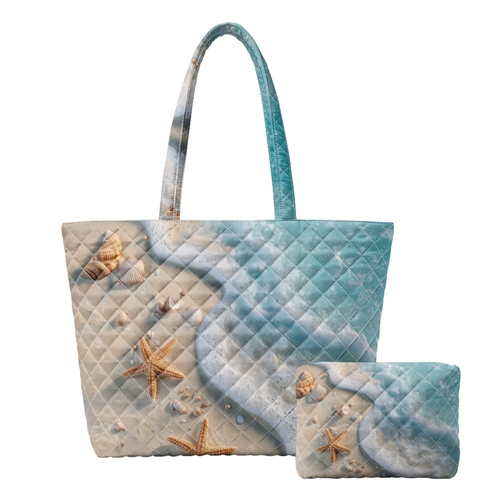 Coloranimal Starfish Seashell Set 2 Piece Quilted Shoulder Bag Inner Pockets Tote Bag with Matching Cosmetic Bag for Activities