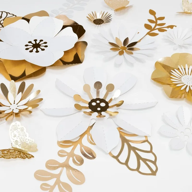 28Pcs 3D Gold White Flower Butterfly Leaf Wall Decal Removable Floral Wall Sticker Paper Leaf Butterflies New Year Home Decor