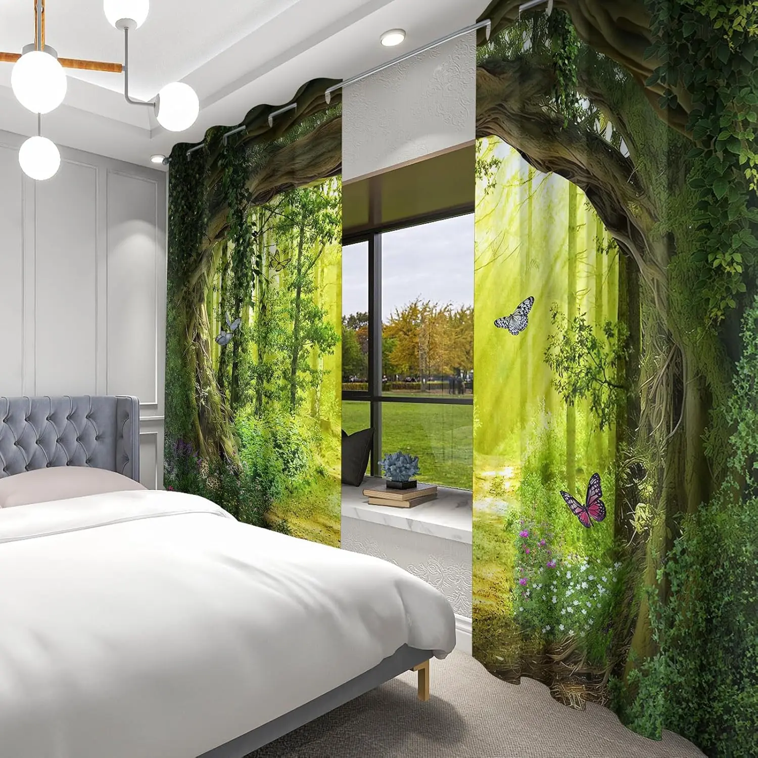 Tende oscuranti della foresta incantata albero modellato Scenic Nature Green Spring Woodland Grommet tende per finestre per soggiorno in camera da letto