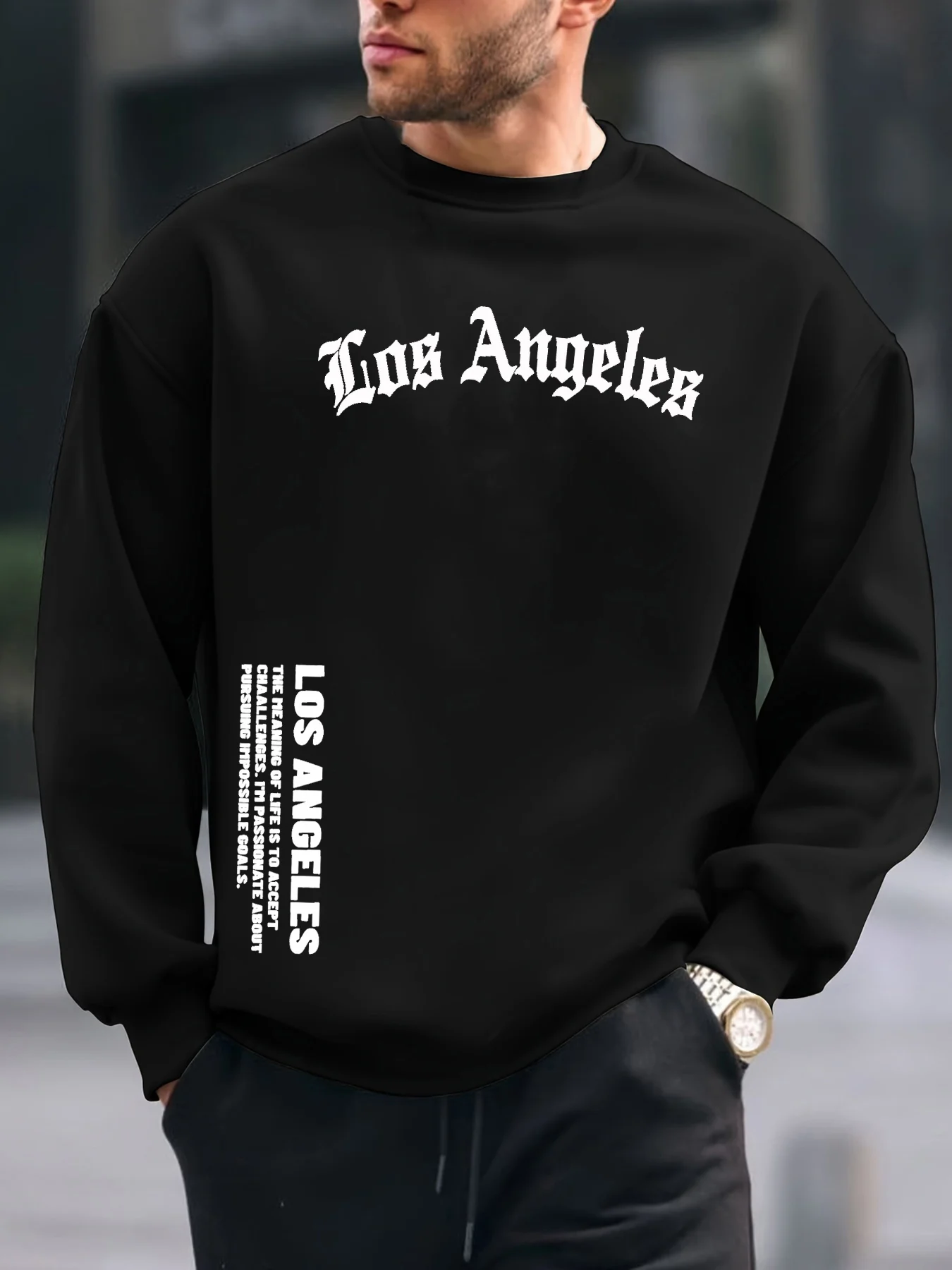 Men's autumn and winter fashionable casual loose Los Angeles letter graphic printed long sleeved round neck sweatshirt