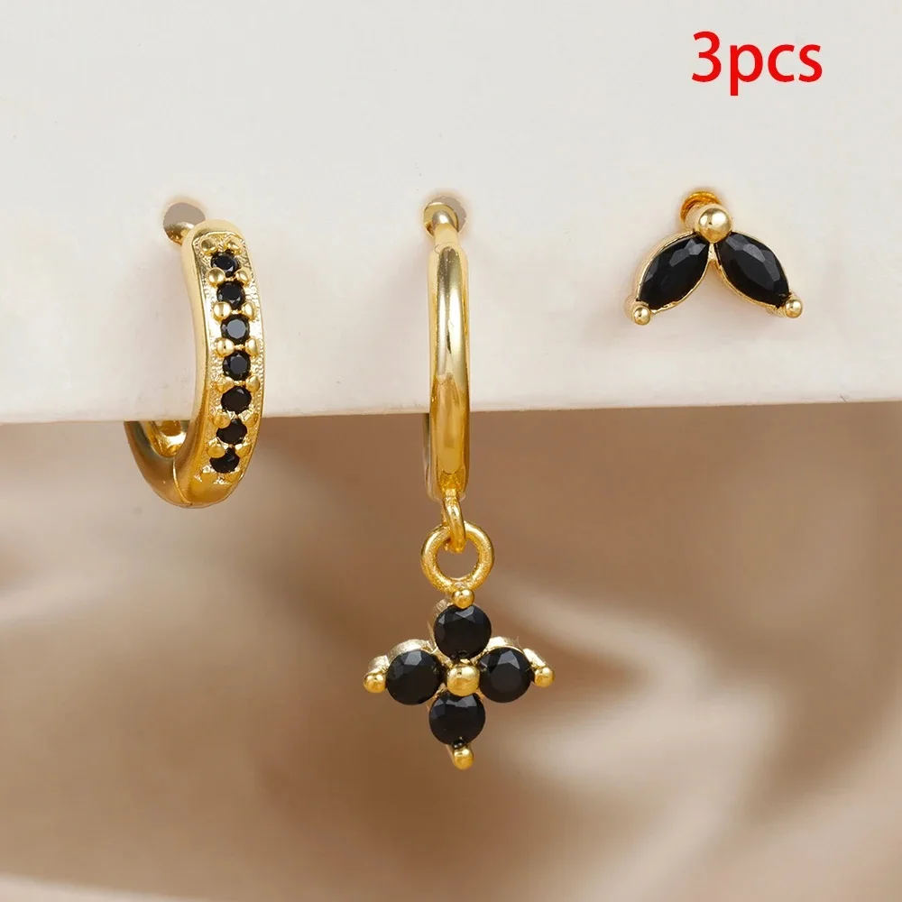 3PCS Stainless Steel Zircon Flower Pendant Hoop Earrings Set for Women Simple Small Gold Color Cartilage Piercing Jewelry aretes