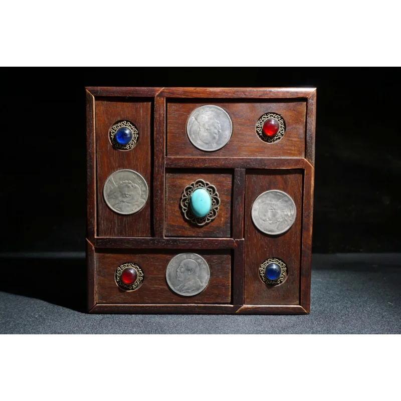 Exquisite Retro Silver Dollar Rosewood Storage Box Ornaments