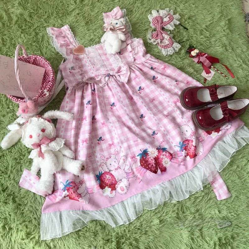 Kosahiki Japanse Lolita Jurk Meisjes Aardbei Bunny Jsk Jurken Vrouwen Harajuku Mouwloze Schattige 2024 Cosplay Vestido