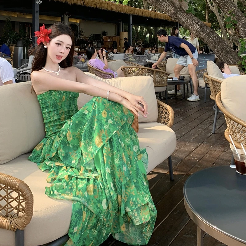 2025 verão feminino praia maxi vestido sexy bustier cintura gravata babado hem em camadas impressão vestido de férias y2k streetwear