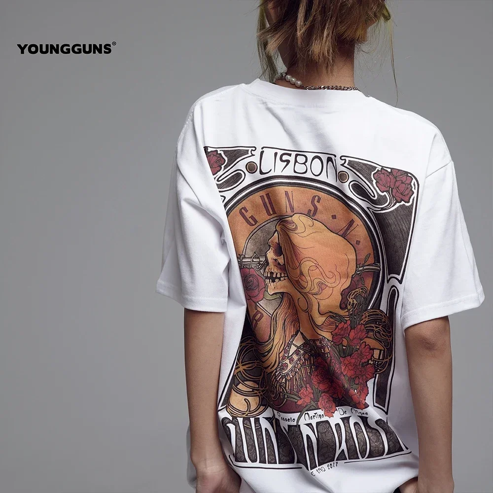 

Plus Size Gun and Flower T-shirt Ladies Vintage Americana Rock Short Sleeve Gun Rose Summer Cotton Design Sense Half Sleeve Tide