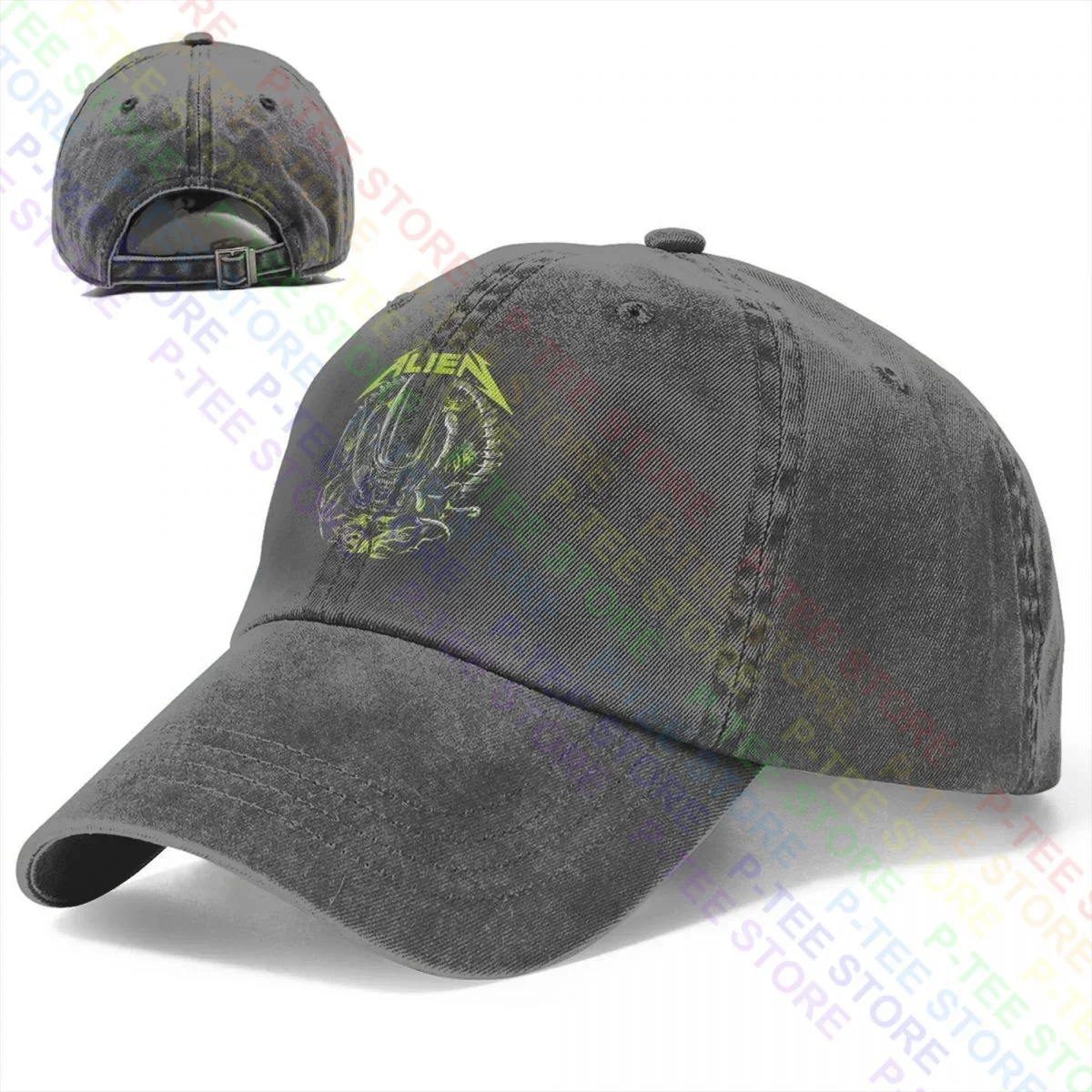 Creeping Death Alien Xenomorph Parody Metallic Rock Style Washed Denim Baseball Cap Trucker Hats Casual