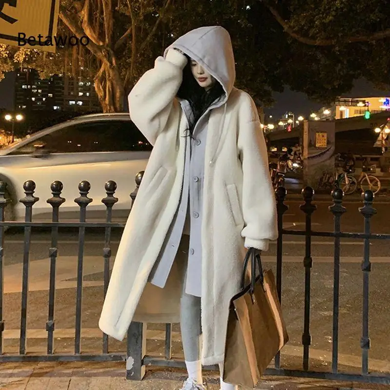 Women Faux Two Piece Hooded Long Coat Button Front Contrast Color Hood Loose Oversized Mid Length Outerwear for Daily
