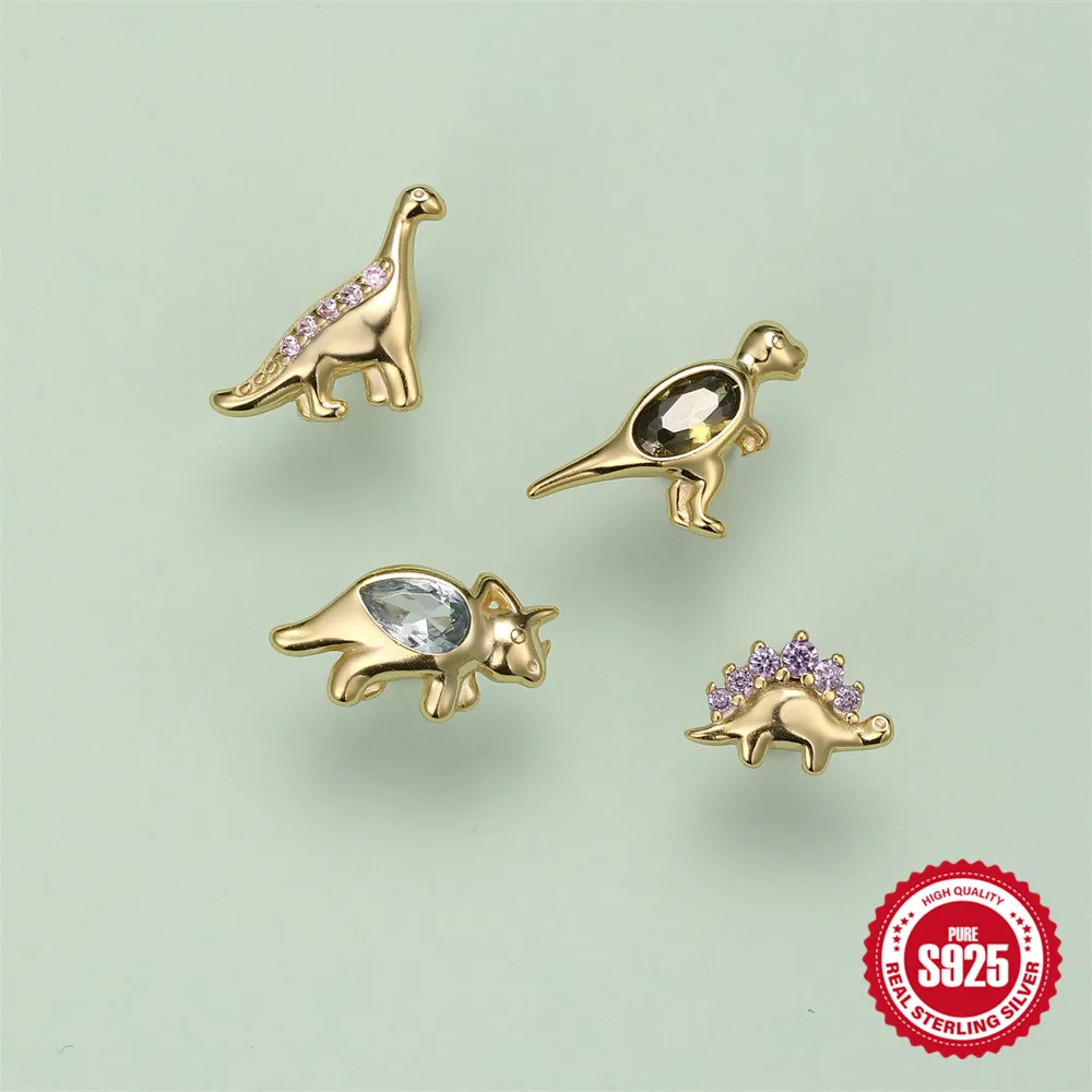 CANNER 1PC S925 Silver Natural Colorful Diamond-encrusted Dinosaurs Wear Shrill bone Nails Elegant Lady Ear studs Jewelry