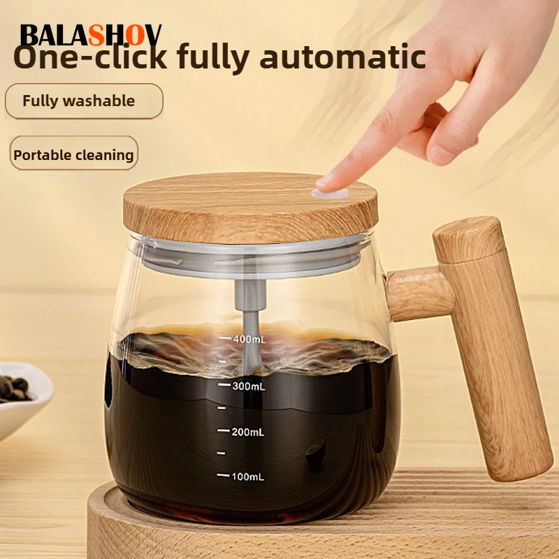 Taza de café con agitación automática, taza de mezcla automática eléctrica portátil con mango de madera para café, leche, taza de vidrio automática recargable