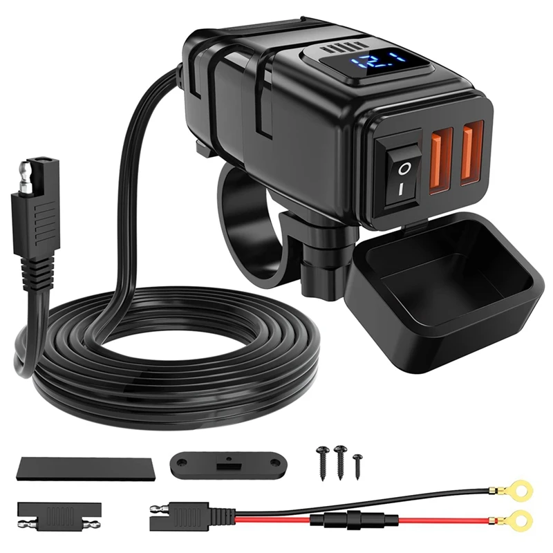 Motorcycle USB Charger 6.8A Quick Charge 3.0 Dual USB With Voltmeter & ON/Off Switch