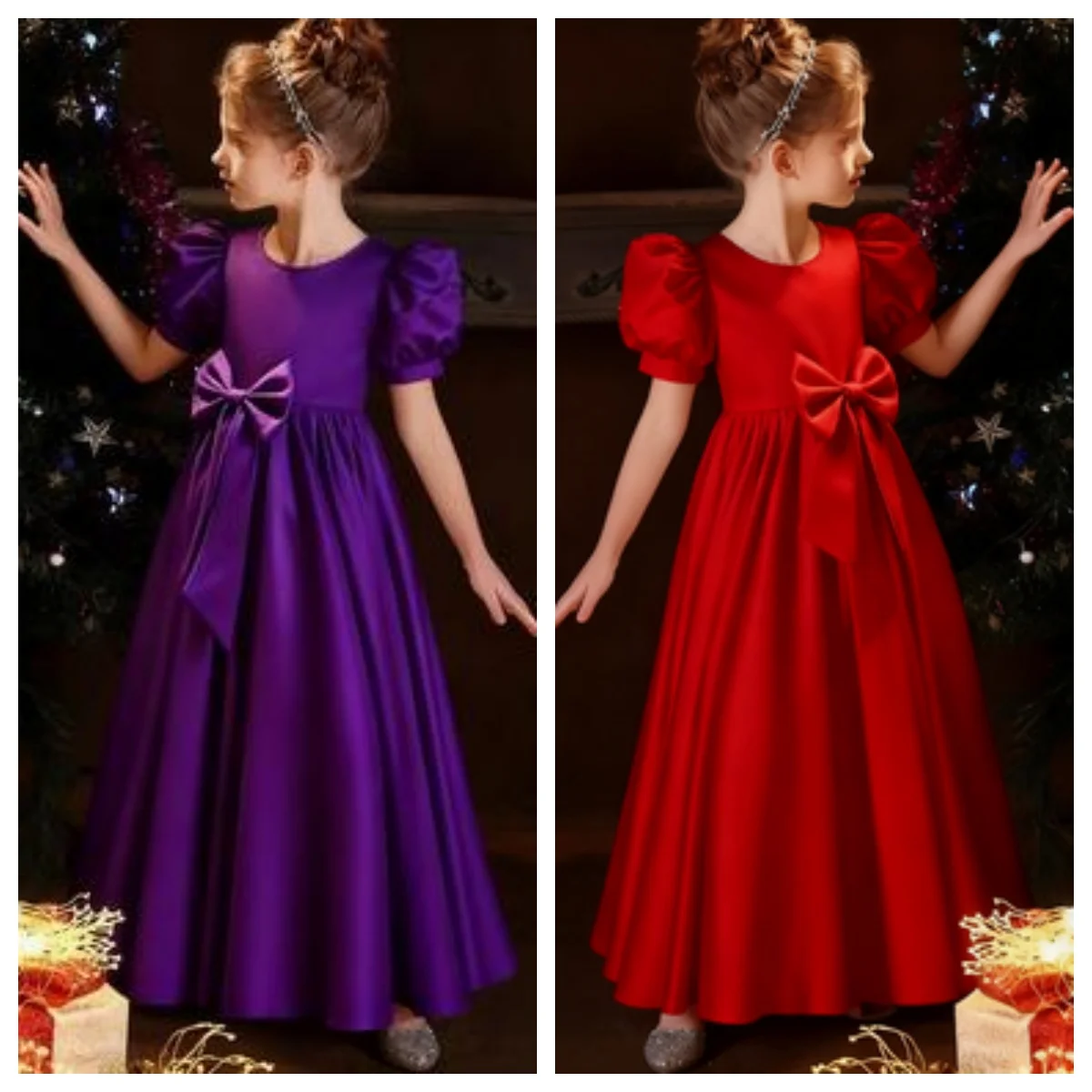 Elegancka sukienka dla dziewczynki na wesele, sukienka na przyjęcie dla dziewczynek, perłowa sukienka księżniczki na konkurs piękności, satynowa sukienka z kokardą na Pierwszą Komunię Świętą