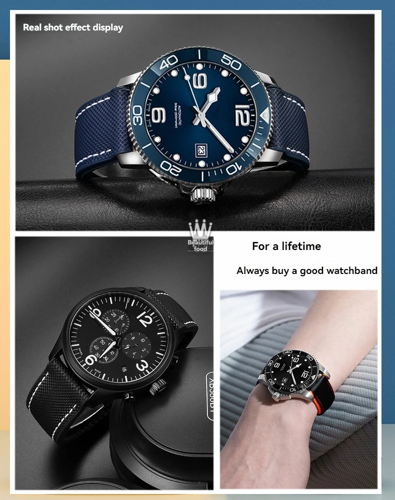 20mm/21mm/22mm/24mm Miękki nylonowy + gumowy pasek do zegarków nurkowych dla Longines/Seiko/Hamilton – Wodoodporny męski pasek na rękę