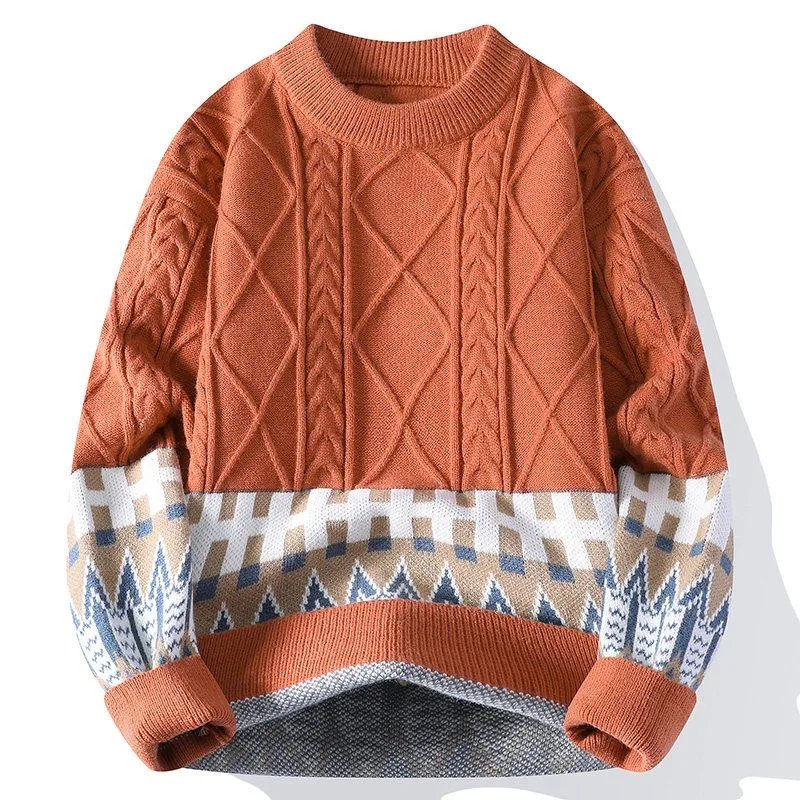 Autumn and winter new fashion trendy printed thickened warm crew neck knitwear men's casual loose sports plus size sweater