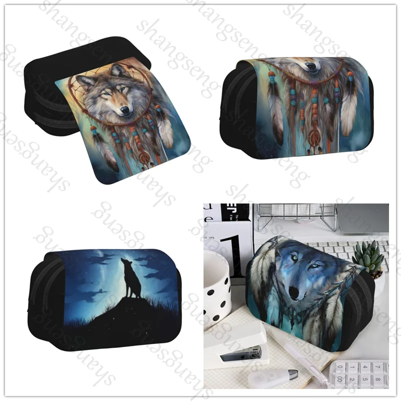 

Galaxy Wolf Dreamcatcher Double Layer Flip Pencil Bag School Supplies Children's Pencil Box Storage Cosmetic Bag Gift