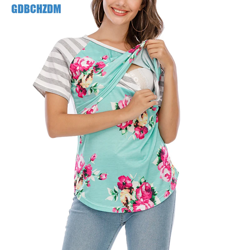 Fashion Women's Shirt Maternity Floral Printed Nursing Tops Breastfeeding Double Layer Soft Short Sleeve Top Pregnancy Clothes