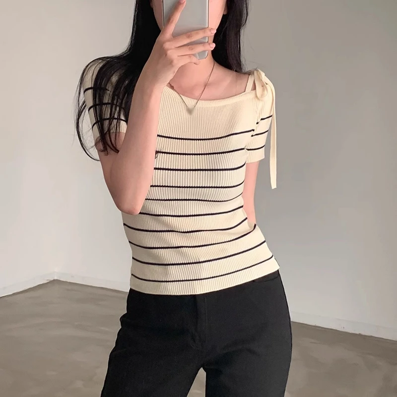 Off Shoulder Knitted Fit Sweater  Summer Women Slim T-shirt Chic Strap Design  French Fashion Short Sleeve Stripe Casual Tops