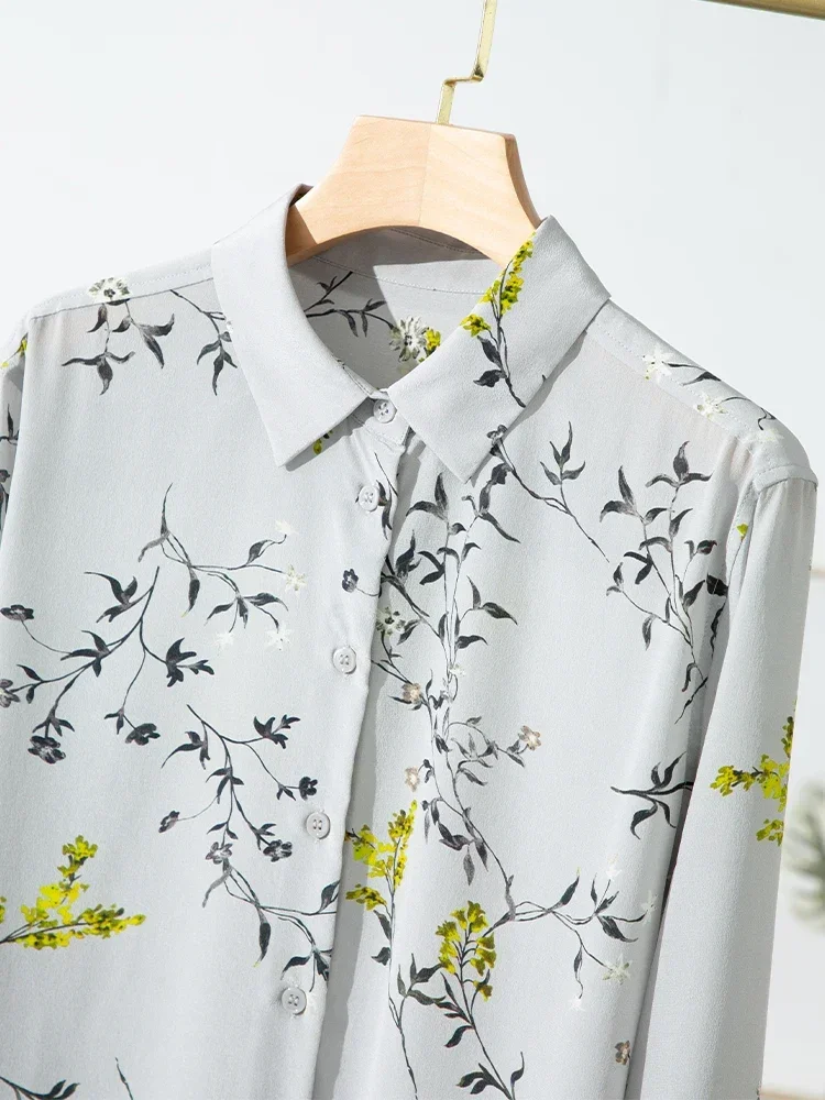 Woman Floral Shirts 100%Mulberry Silk Turn Down Collar Printed Chic Blouses 2023 Spring Summer Grey Top