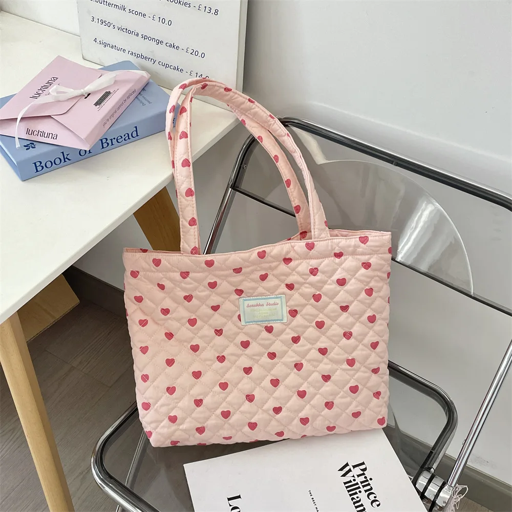 

Quilted Cotton Women's Handle Shoulder Bags Simple Plaid Heart Female Shopping Bag Large Capacity Grils Tote Shopper Handbags