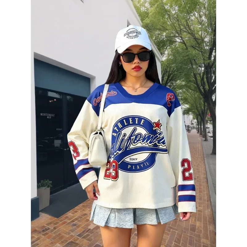 California No. Camiseta estampada del equipo de fútbol del alfabeto 23 para mujer, camiseta holgada, informal, moda deportiva Y2K, camiseta de manga larga de secado rápido