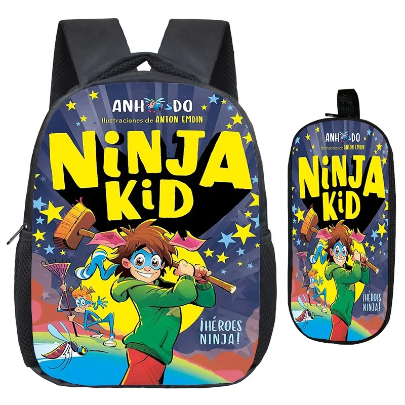 

2pcs Student Ninja Kidz Backpack Pencial Case Schoolbag Hiking Travel Bagpack for Boys Girls Polyester Bookbag Dual-shoulder Bag