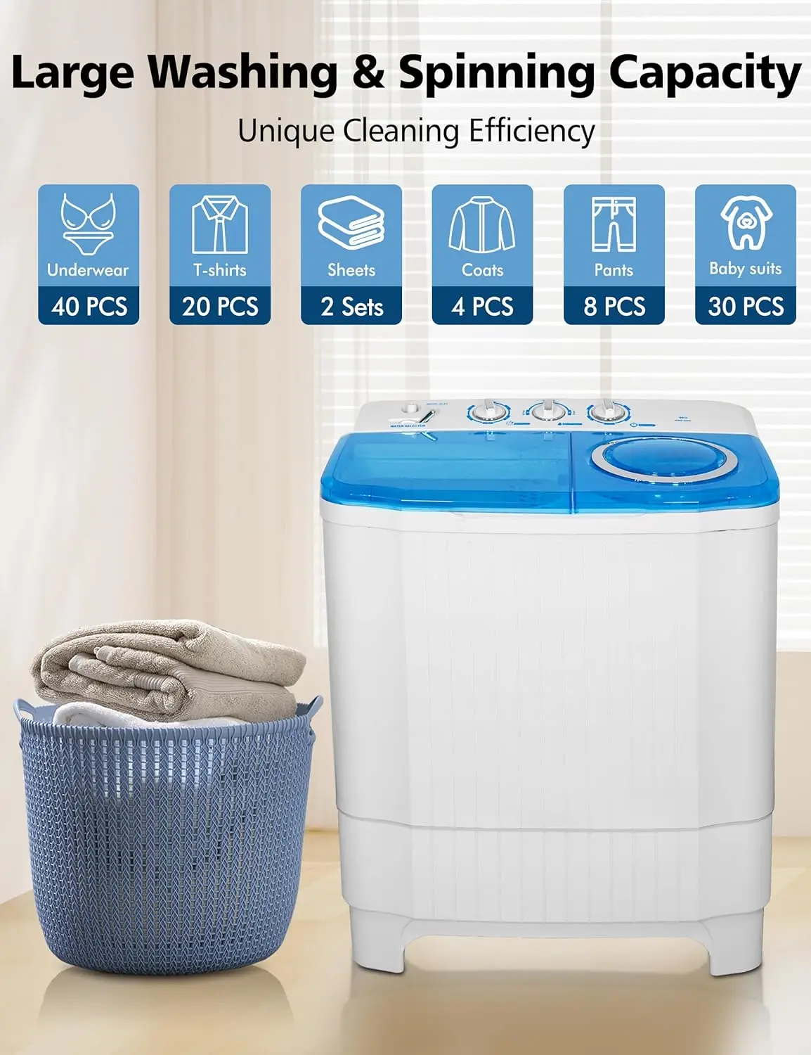 Compact Twin Tub Washing Machine 28Lbs Capacity for Apartments, RVs, Dorms - Washer 18Lbs Spinner 10Lbs Cycle Combo with Drain P