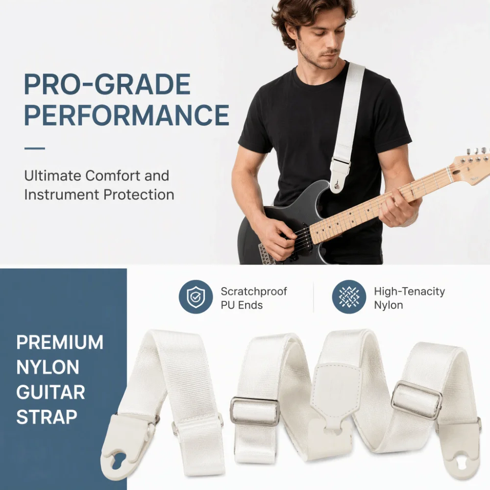 50mm(1.97in)Width Guitar Strap Nylon Material White Nylon Guitar Strap Silicone Buckle Heavy Duty Guitar Strap For Guitar