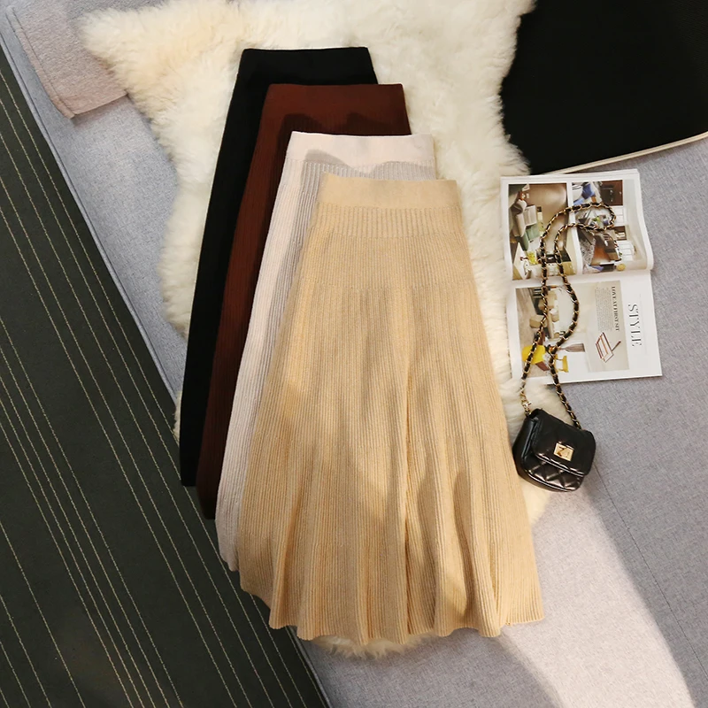 

Seoulish Autumn Winter Knitted Women's Skirts 2024 New Elegant Solid High Waist Warm Umbrella A-line Skirts Female