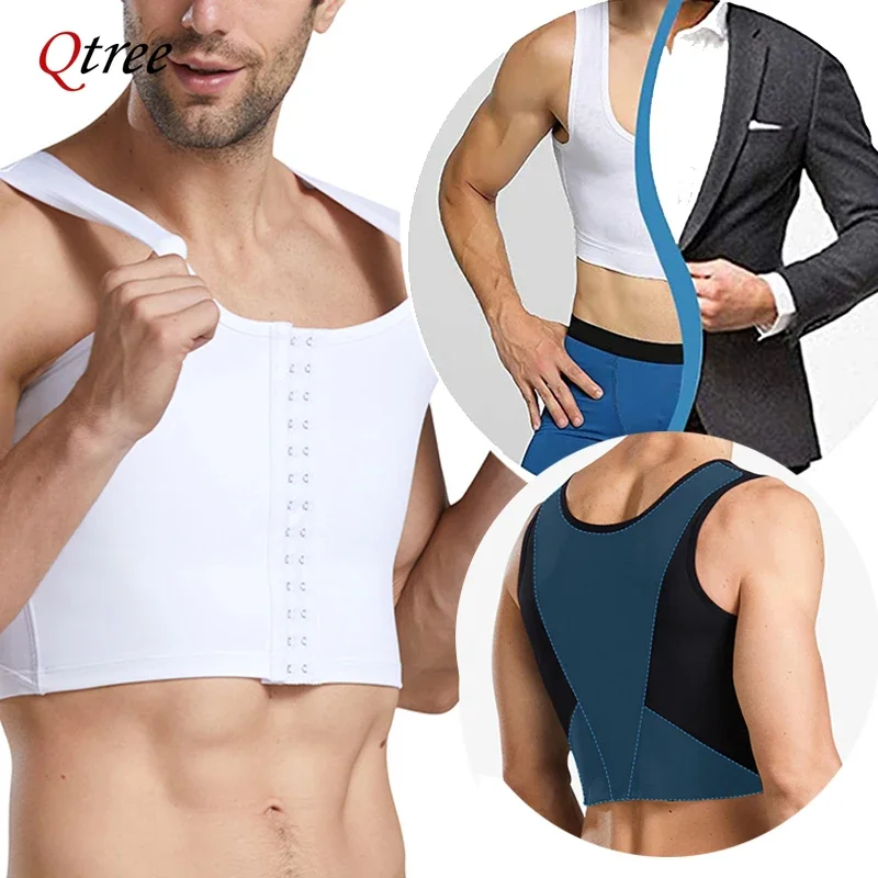 Qtree Men Body Shaper Slimming Chest Push Up Corset Compression Waist Trainer Building Sleeveless Vest Correct Posture Hook Vest