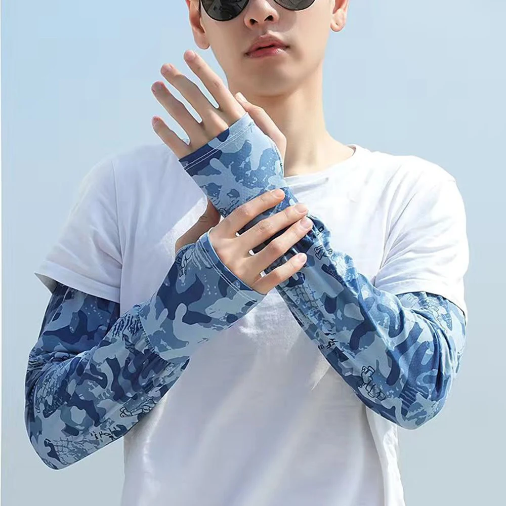 Men's Summer Anti-sunburn Ice Silk Sleeve With Fingers Camouflage Sun Protection Cycling Arm Sleeves Fishing Cuffs Arm Covers